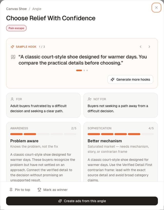 An angle detail view showing sample hooks, audience context and recommended formats.