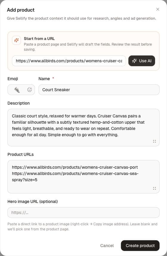 The Add product form with a drafted name, description, product URLs and optional hero image URL.