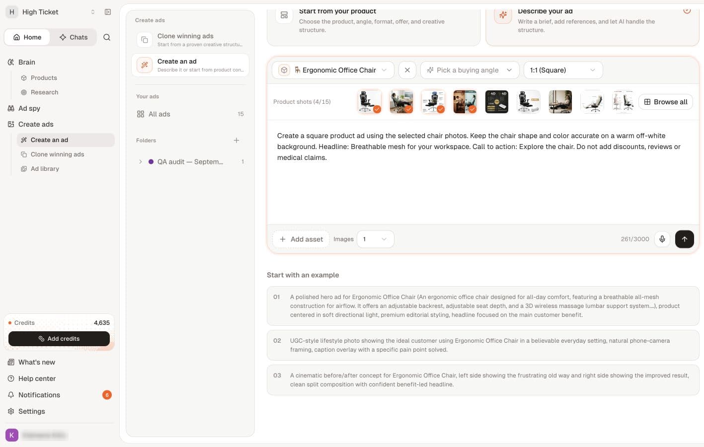 Describe your ad uses a product, reference images, a brief and a batch size.