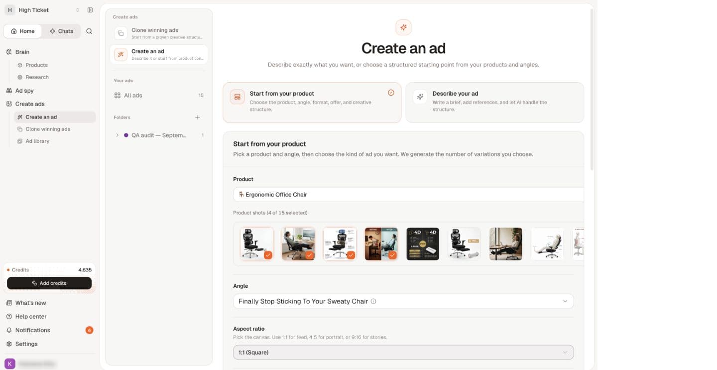 The structured builder carries the product and selected angle into ad creation.