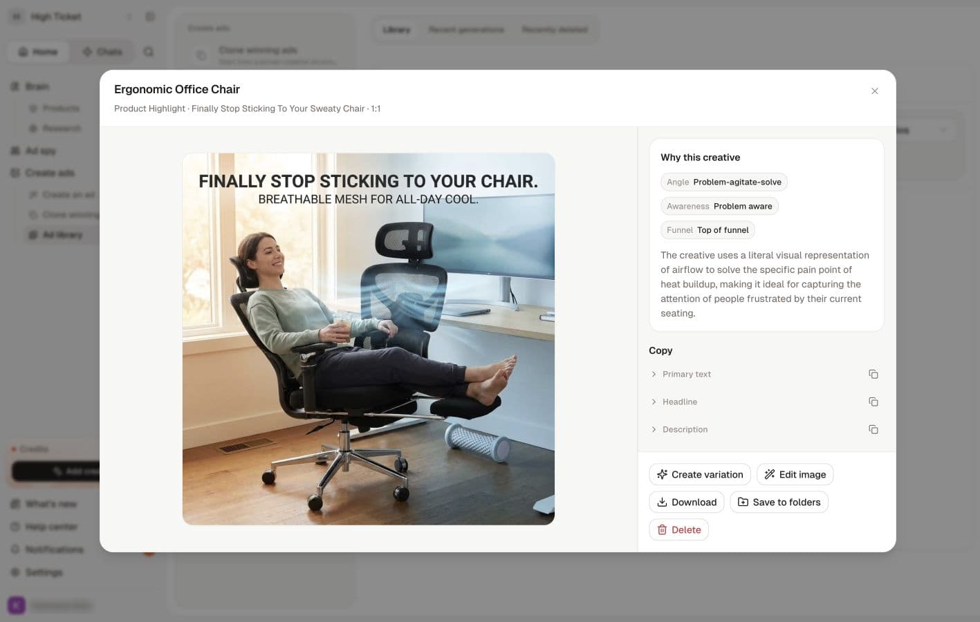 A saved ad opens with creative context, copy, variation, edit, download and folder controls.