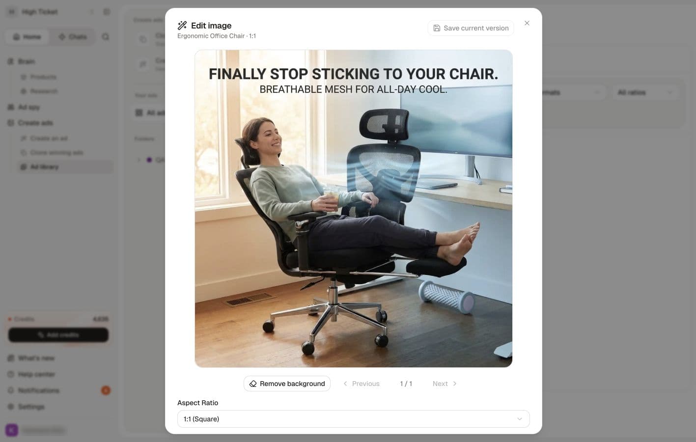 Edit image provides an edit prompt, aspect ratio and version controls.