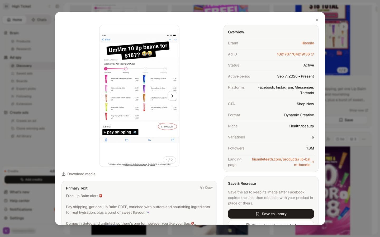 Ad details shows source information, creative, copy and a link to its destination.