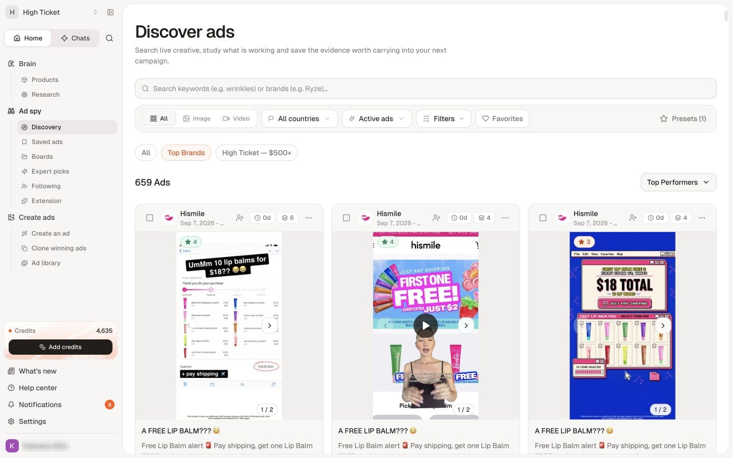 Discovery provides keyword search, media filters and competitor ad cards.