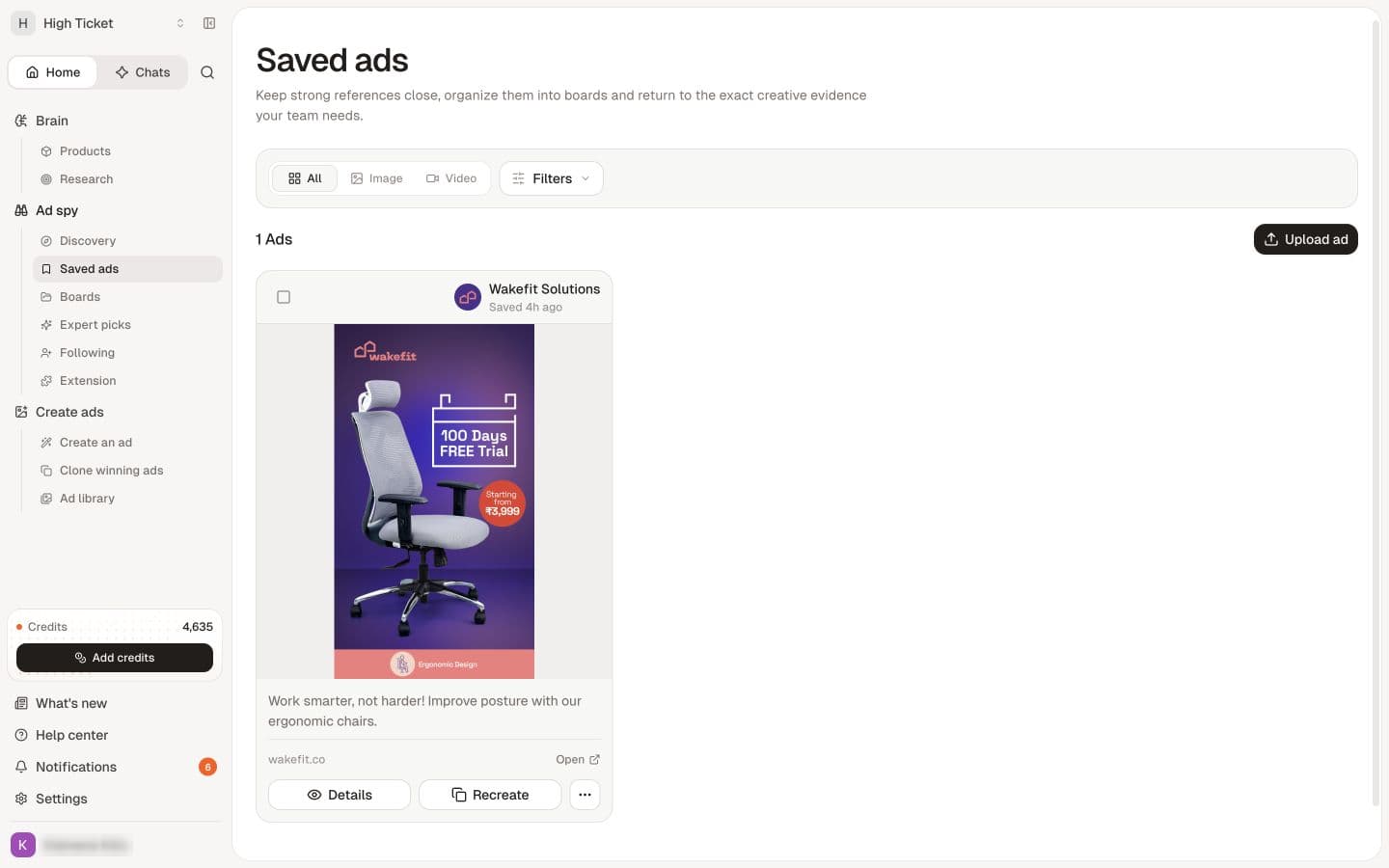 Saved ads keeps research references separate from generated creative.