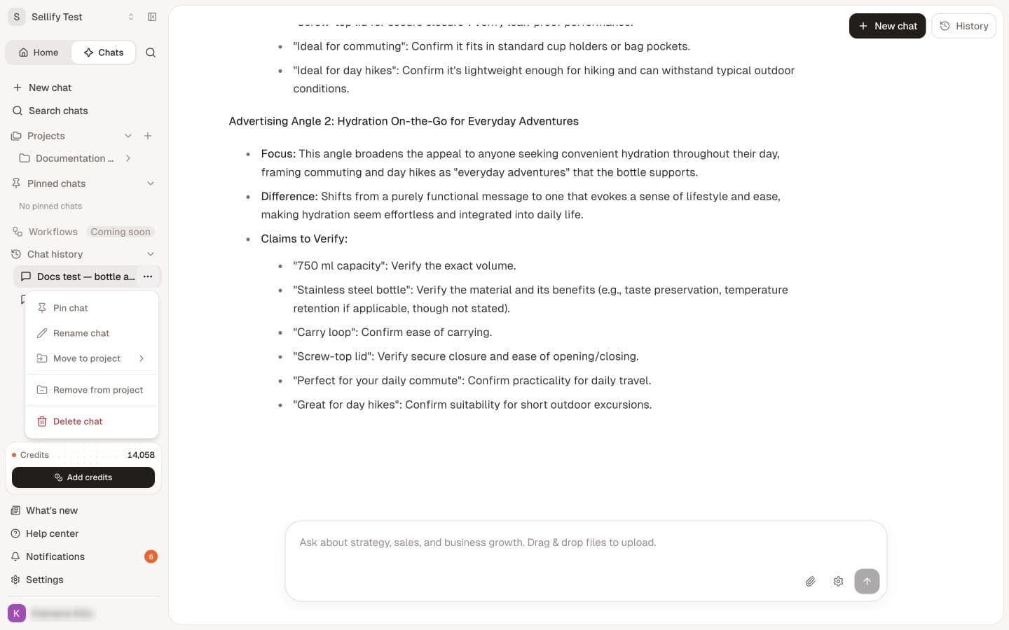 Chat actions include pinning, renaming and moving a conversation to a project.