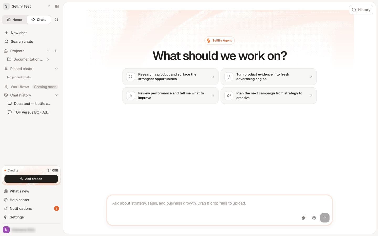 An enabled workspace shows a new Agent chat, prompt suggestions, attachments and chat settings.