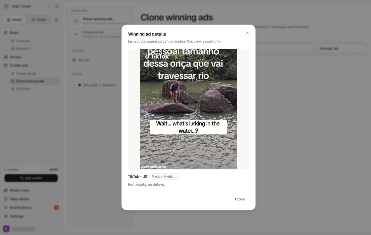 Winning ad details opens a read-only reference view before adaptation.