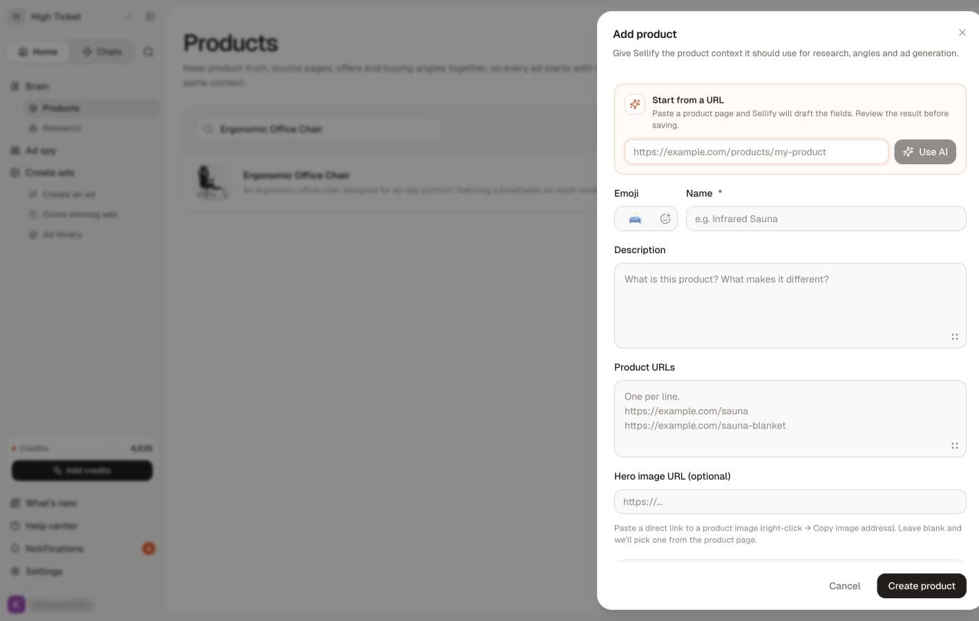 Add product accepts a source URL, product details, an optional image URL and research files.
