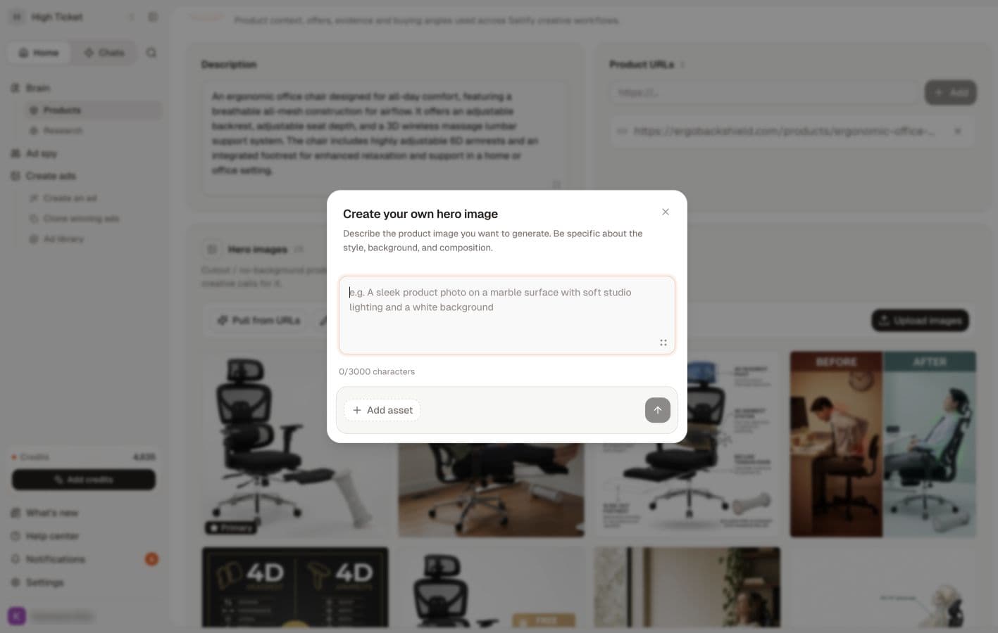 Create your own hero image accepts a focused prompt and optional reference assets.