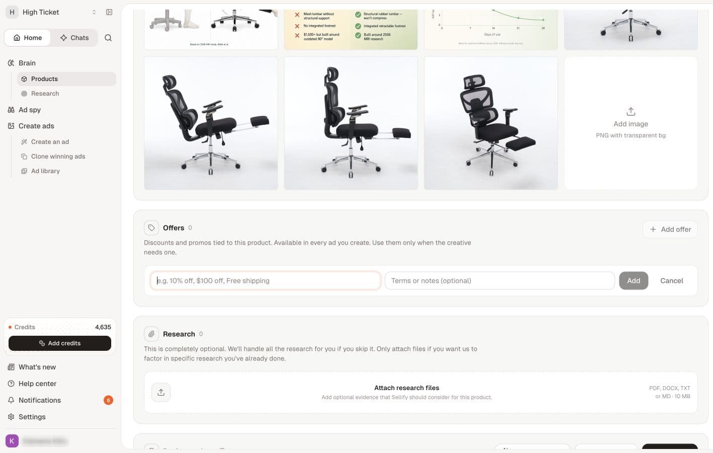 Add offer opens fields for the promotion and its terms above the optional research section.