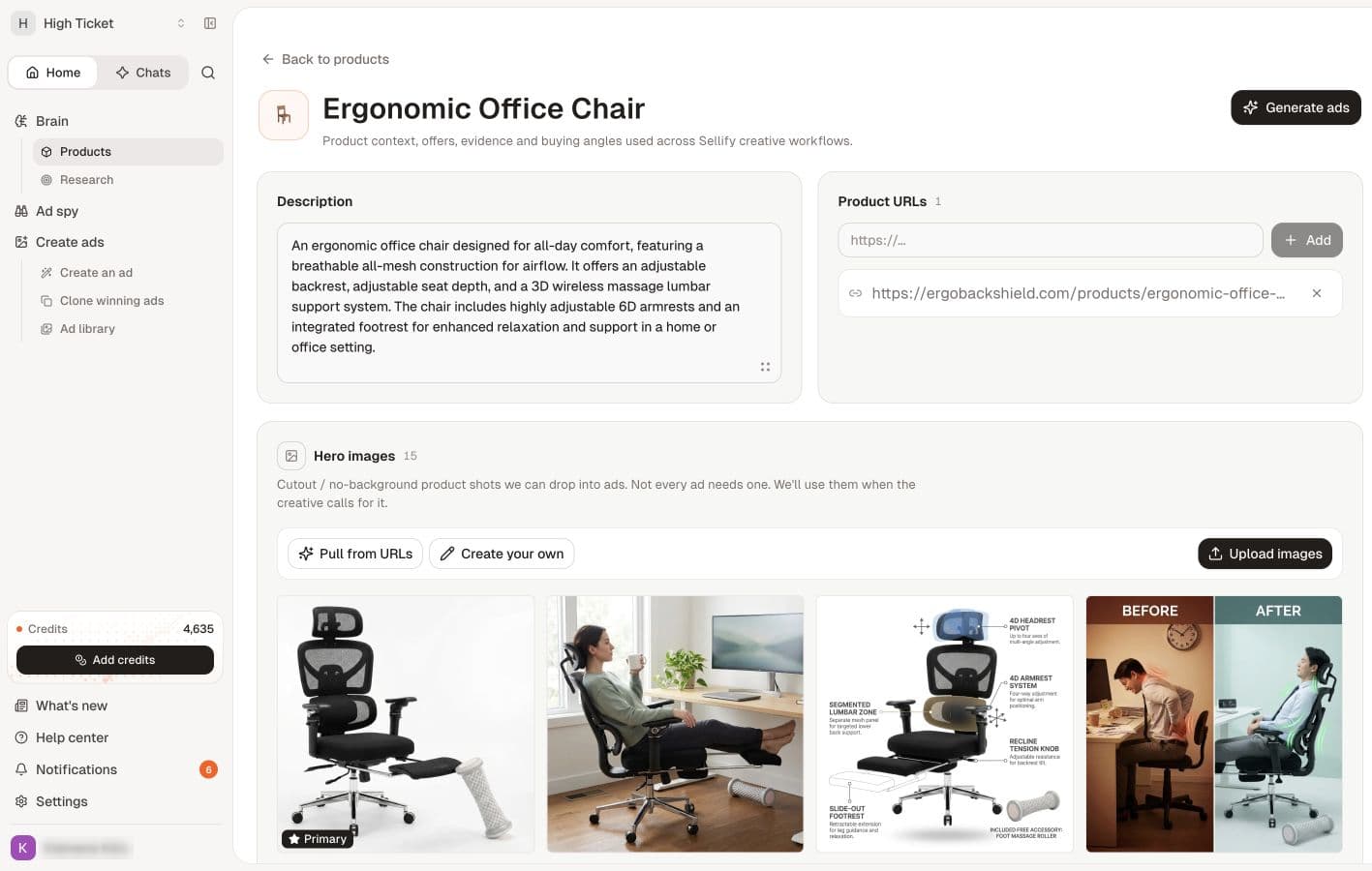 The saved product keeps its description, source URL and hero images together.