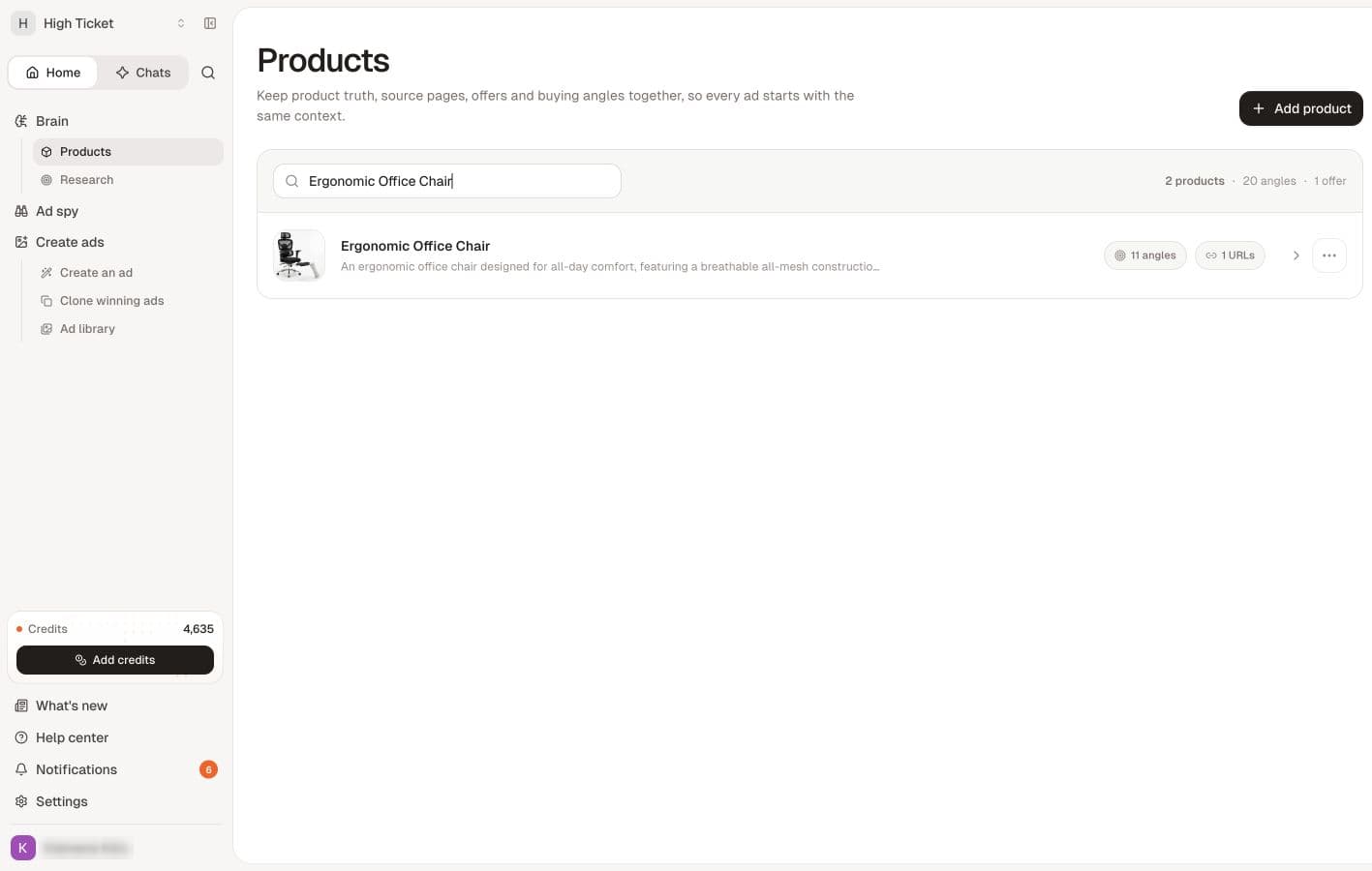 The product library filtered to the example chair, with Add product above the results.