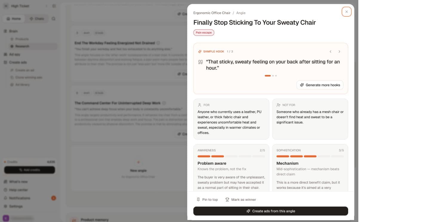 Review the hook, audience and reasoning before creating ads from an angle.