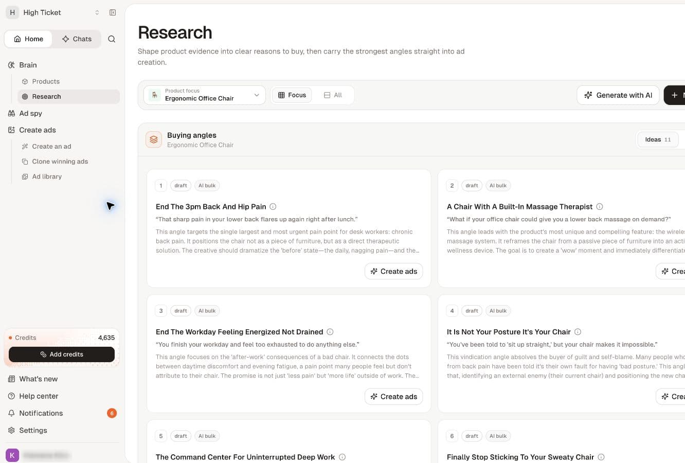 Research keeps buying angles with the selected product. Generated ideas still need evidence checks.