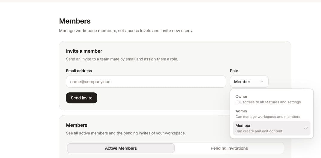 Choose the appropriate role for each invitation; Owner, Admin and Member have different access.