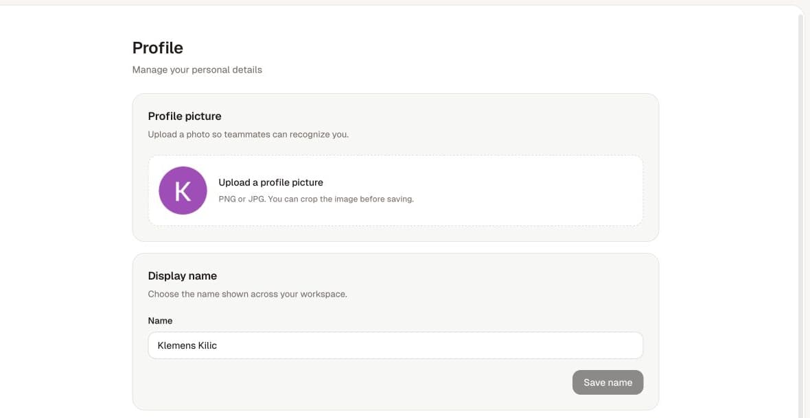 Profile settings provides picture and display-name controls.