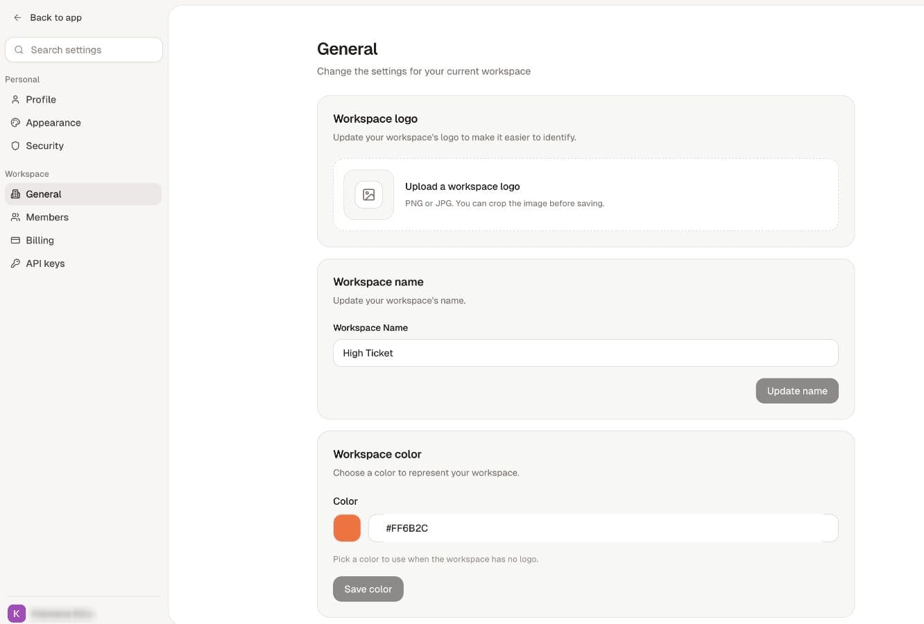 Workspace settings are separate from personal Profile, Appearance and Security settings.